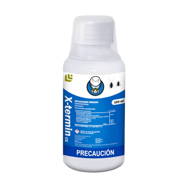 Envase de X-Termin CE insecticida líquido con cipermetrina y butóxido de piperonilo, ideal para eliminar plagas en hogares y negocios.