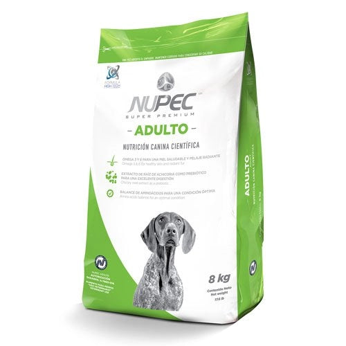 Empaque de croquetas Nupec Adulto para perros, con fórmula rica en proteínas, omegas y zinc para energía, pelaje brillante y salud digestiva